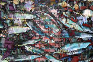 Galerie Ahlemann zeigt ein abstraktes Foto der Fotokünstlerin Hasina Khan in dem in verschiedenen Farben Fotoaufnahmen von Fischen vordergründig mit Häuserfassaden von Hongkong im Hintergrund collagiert werden.