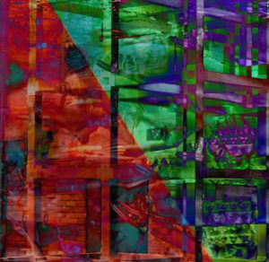 Galerie Ahlemann zeigt ein abstraktes Foto der Fotokünstlerin Hasina Khan in überweigend roten, grünen und violetten Farbtönen auf dem schemenhaft ein Ausschnitt einer Hochhausfassade zu erkennen ist, der mit Aufnahmen von übergroßen Fischen collagiert ist.