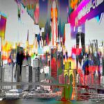 Galerie Ahlemann zeigt ein abstraktes Foto der Fotokünstlerin Hasina Khan auf dem die New Yorker Skyline erweitert durch in poppigen Farben abstrakt gehaltene zusätzliche New York Motive zu sehen ist.