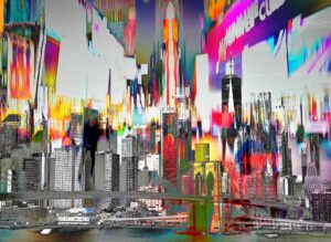 Galerie Ahlemann zeigt ein abstraktes Foto der Fotokünstlerin Hasina Khan auf dem die New Yorker Skyline erweitert durch in poppigen Farben abstrakt gehaltene zusätzliche New York Motive zu sehen ist.