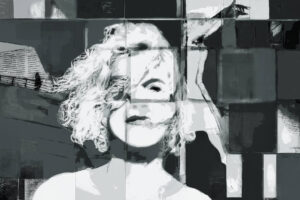Galerie Ahlemann zeigt ein abstraktes schwarz-weißes Foto von Petra Jaenicke aus der Serie "When Life Became Elusive" auf dem ein Frauenkopf und weitere Figuren und Formen in einer Collage zu sehen sind.