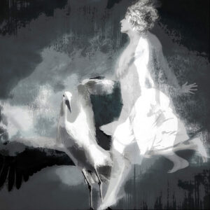 Galerie Ahlemann zeigt ein abstraktes schwarz-weißes Foto von Petra Jaenicke aus der Serie "When Life Became Elusive" auf dem eien Frauenfigur und ein Storch zu sehen sind.