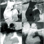 Galerie Ahlemann zeigt ein abstraktes schwarz-weißes Foto von Petra Jaenicke aus der Serie "When Life Became Elusive" auf dem eine vierteiligen Collage einer hockenden Frauengestalt zu sehen ist.