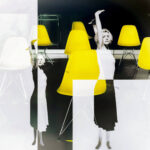 Galerie Ahlemann zeigt ein abstraktes Foto von Petra Jaenicke aus der Konzeptreihe "Stay Loose", auf dem eine gedoppelte Frauenfigur vor einer abstrakten, schwarz-weißen Bildkomposition durchbrochen von gelben Stühlen zu sehen ist.