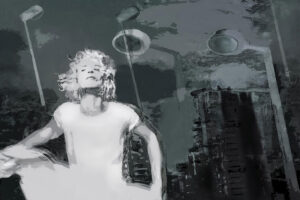 Galerie Ahlemann zeigt ein schwarz-weißes Foto von Petra Jaenicke aus der Serie "When Life Became Elusive" auf dem eine Frauenfigur vor einem collagierten Großstadt-Szenario zu sehen ist.
