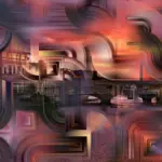 Galerie Ahlemann zeigt ein Foto von Petra Segger aus der Serie "Urban Transformation I" auf dem in überwiegend roten Farbtönen der Blick von der Ponte Veggio in Florenz in den Sonnenuntergang zu sehen ist und von abstrakten Mustern überlagert wird.