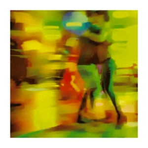 Galerie Ahlemann zeigt ein abstraktes Foto der Künstlerin Suria Kassimi aus ihrer Serie "Citylights" auf dem in überwiegend gelben und grünen Farbtönen ein abstrahiertes tanzendes Paar zu sehen ist.