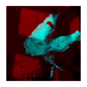 Galerie Ahlemann zeigt ein abstraktes Foto der Künstlerin Suria Kassimi aus ihrer Serie "danse macabre" auf dem eine Ballerina durch hellblaue Übermalungen vor einem roten Hintergrund hervorgehoben wird.