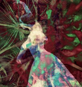 Galerie Ahlemann zeigt ein abstraktes Foto der Künstlerin Suria Kassimi aus ihrer Serie "danse macabre" auf dem eine Ballerina vor einem rot-grünen Hintergrund aus Pflanzenteilen zu sehen ist.